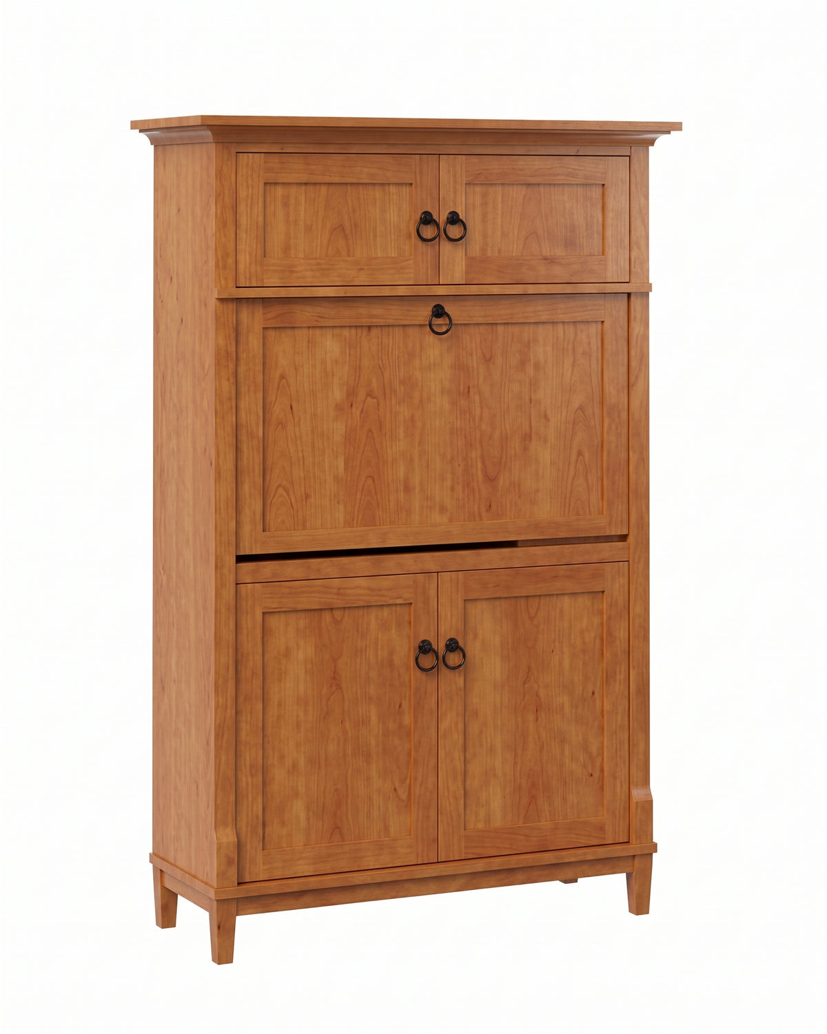 Amish-crafted solid wood flipdown secretary desk in a warm cherry finish with black ring pulls.