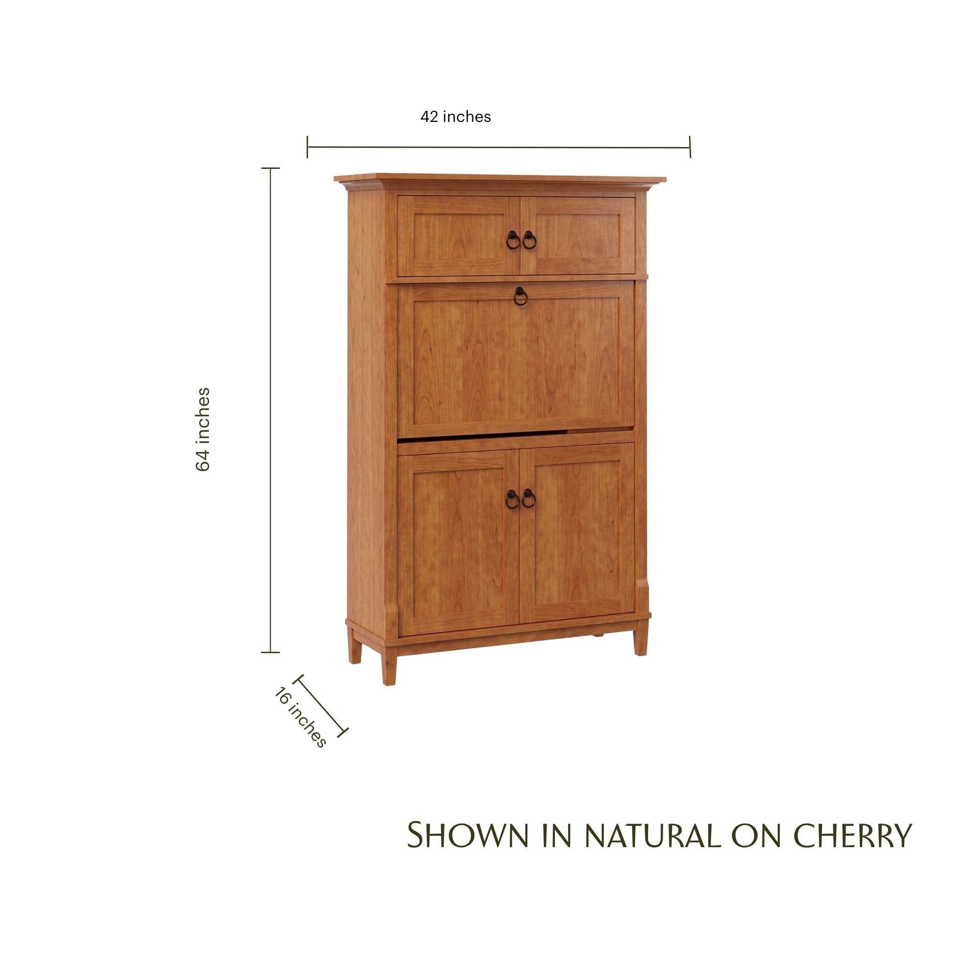 Natural cherry wood flipdown secretary desk with dimensions 42"W x 64"H x 16"D.