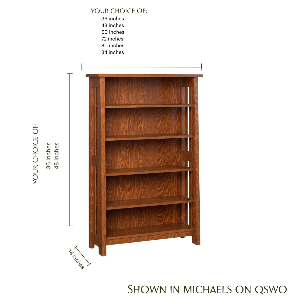 Freemont Mission open bookcase in warm brown oak wood with adjustable height and width options.