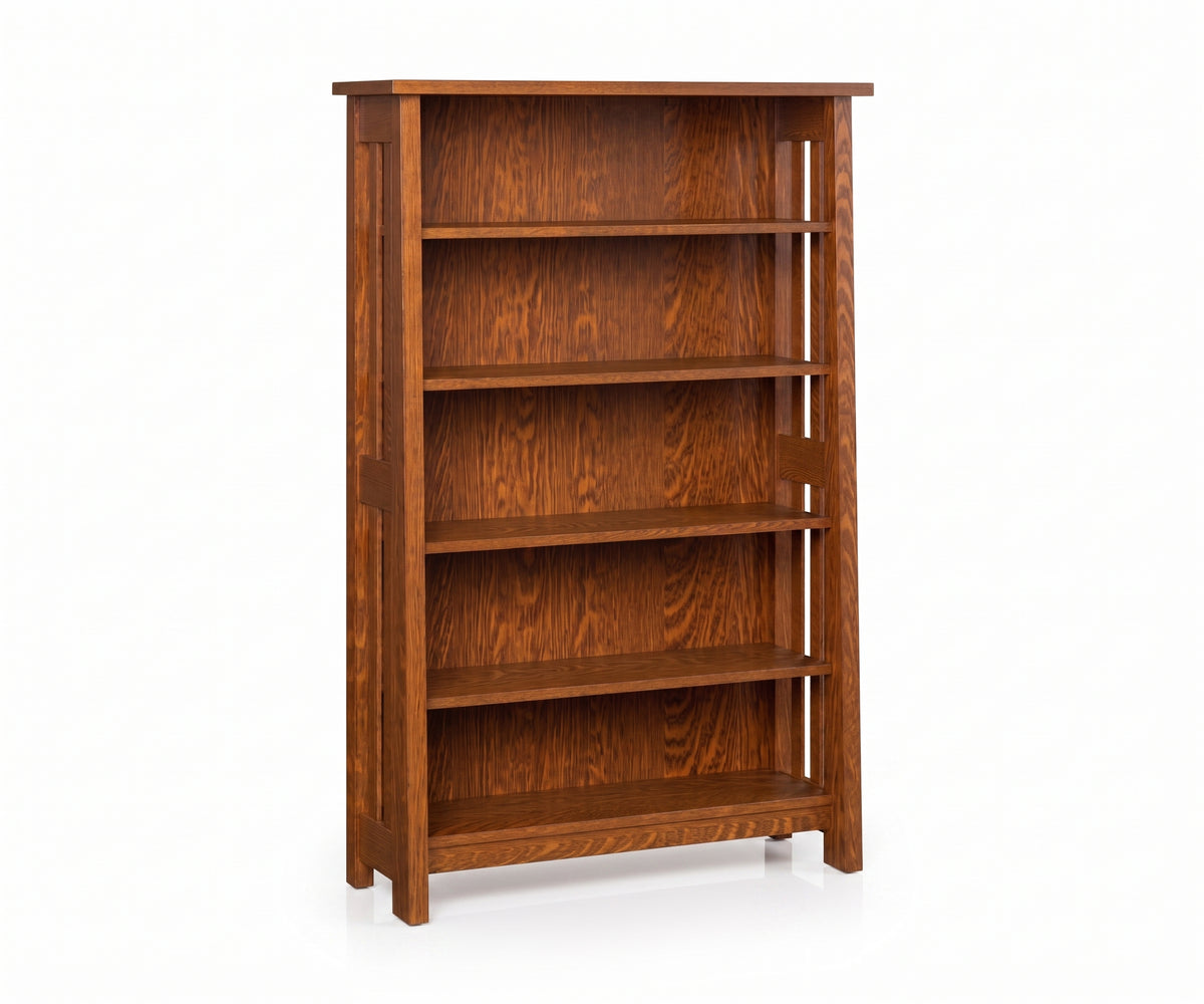 Freemont Mission open bookcase in warm brown solid oak wood with five spacious shelves.