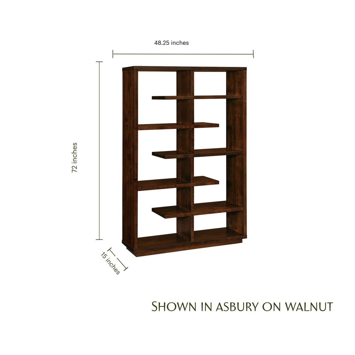 Fuji solid wood bookcase in Asbury on Walnut with dimensions 72 by 48.25 inches.
