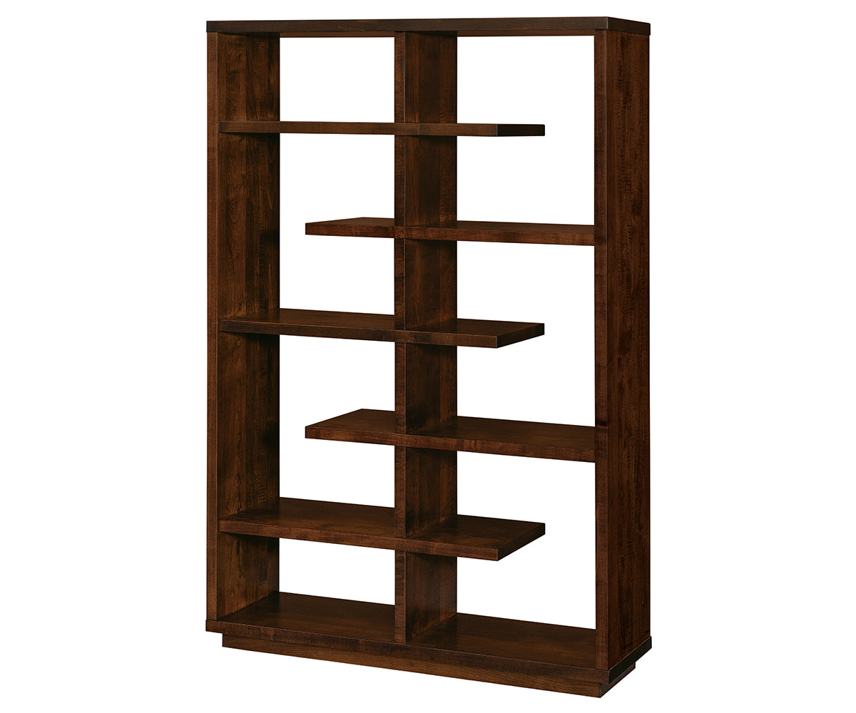 Fuji dark brown solid wood bookcase with modern open asymmetrical shelving.