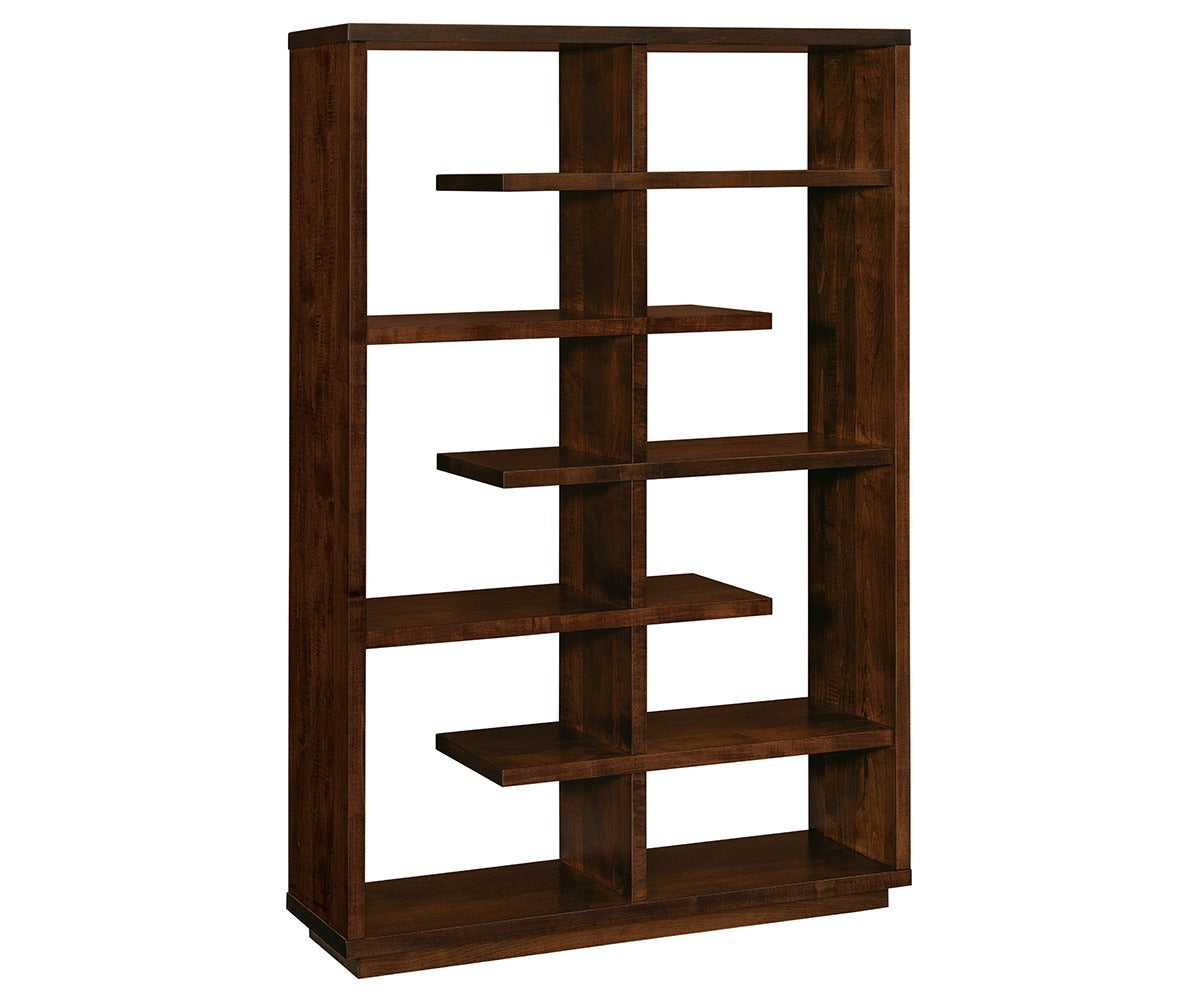 Fuji Bookcase in dark brown solid wood with a modern, asymmetrical open-shelf design.