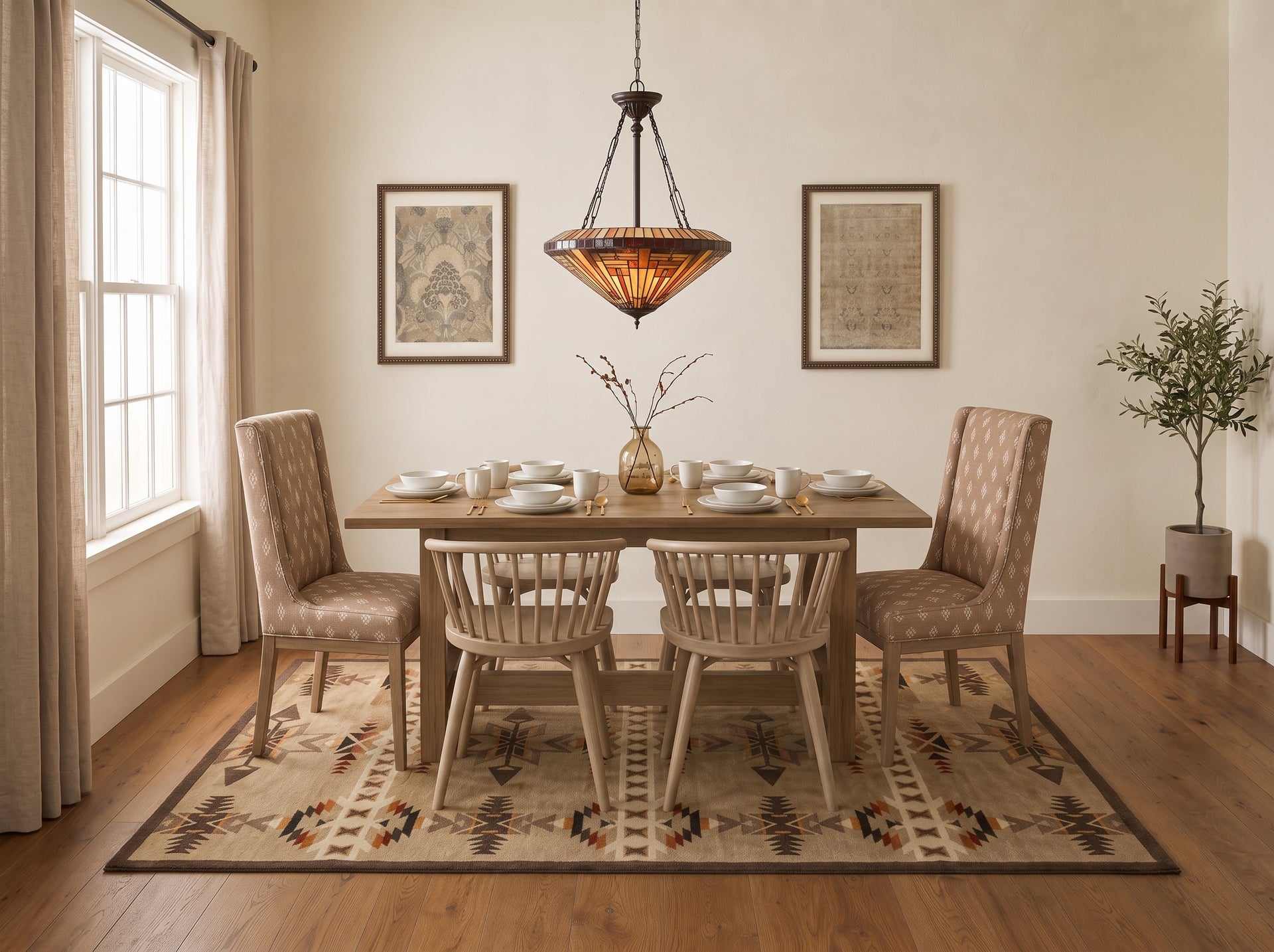 Espin wooden arm chairs and upholstered dining chairs around a light wood table on a patterned rug