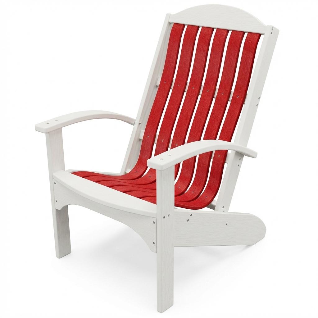 Red and white poly lumber Adirondack beach chair with contoured back support.