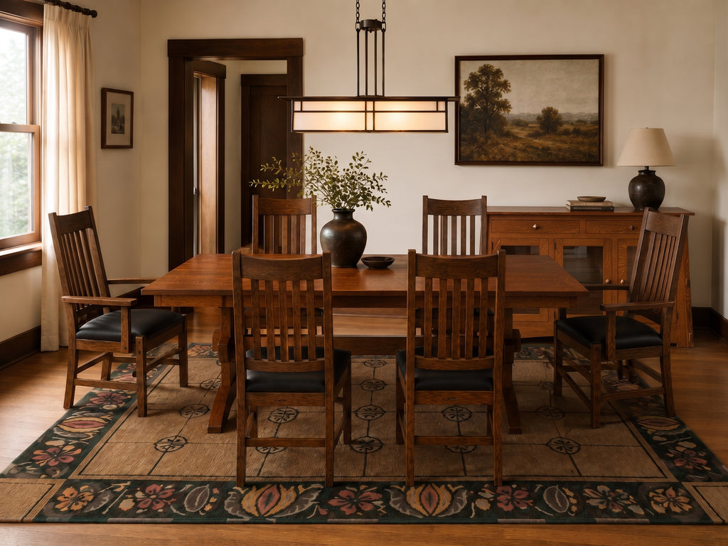Franklin Trestle Table in solid wood with matching Mission-style dining chairs.