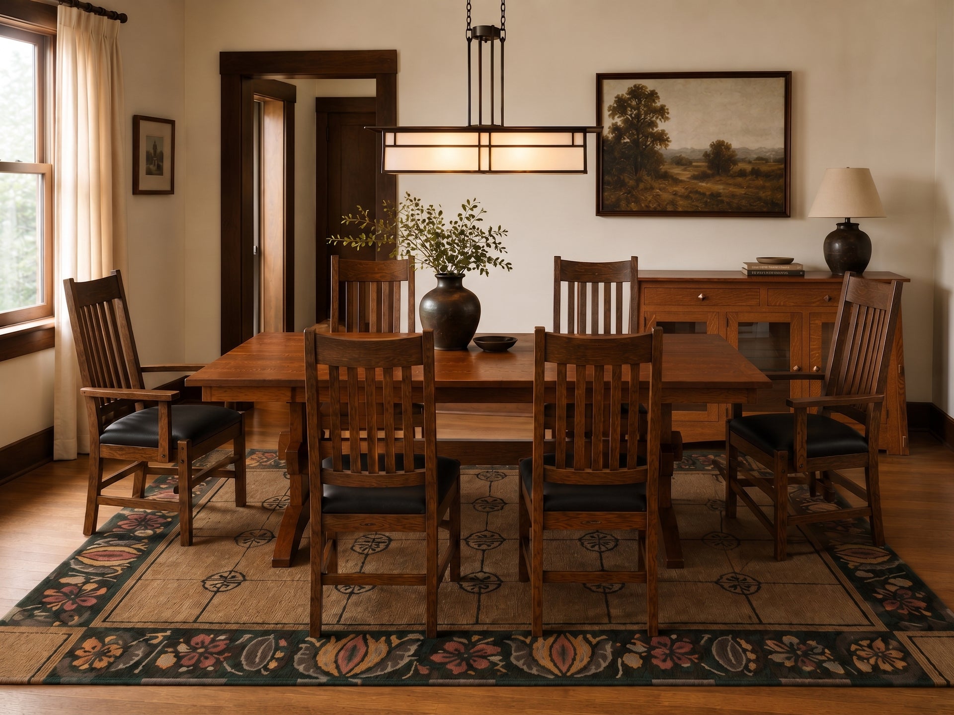 Franklin Trestle Table in solid wood with matching Mission-style dining chairs.