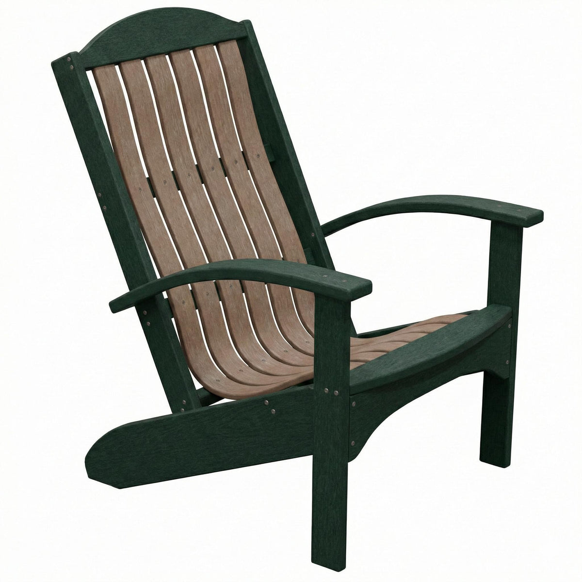 Two-tone green and brown poly lumber Adirondack beach chair with contoured back support.
