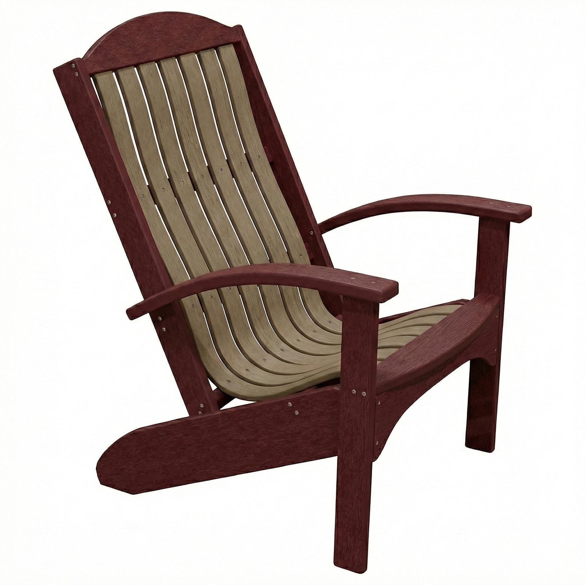 Two-tone burgundy and tan poly lumber Adirondack beach chair with contoured backrest.