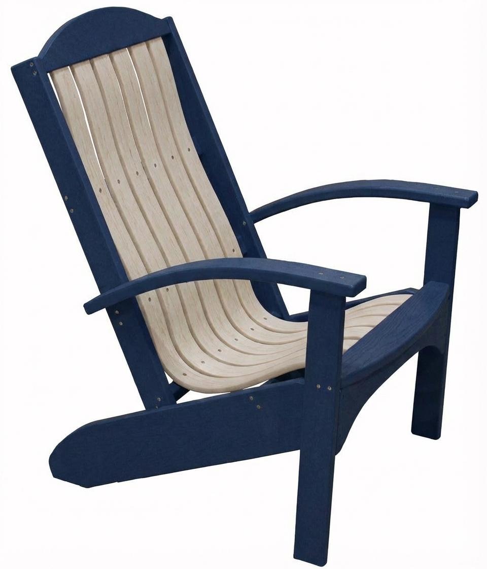 Two-tone blue and beige poly lumber Adirondack beach chair with contoured back support.