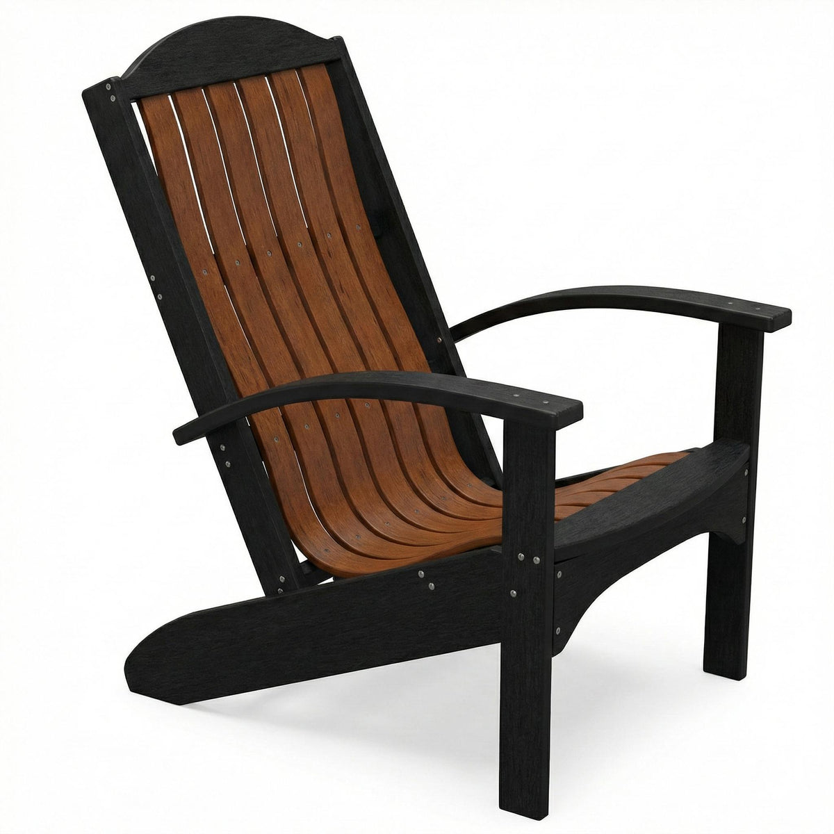 Two-tone poly lumber Adirondack chair with black frame and brown wood-grain slats.