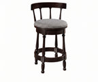 Cosgrove dark wood swivel barstool with grey upholstered seat and curved backrest