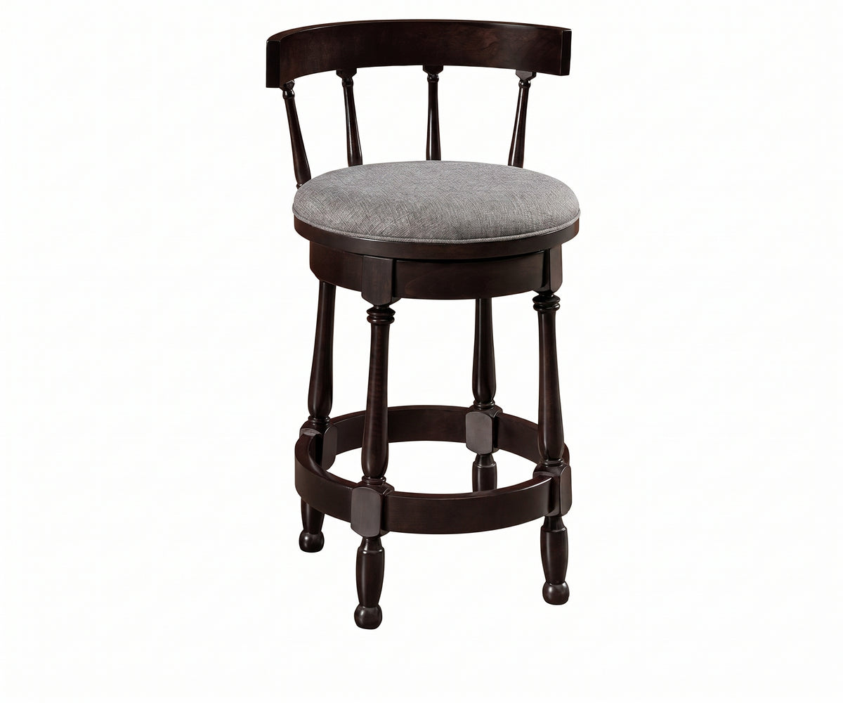 Cosgrove dark wood swivel barstool with grey upholstered seat and curved backrest