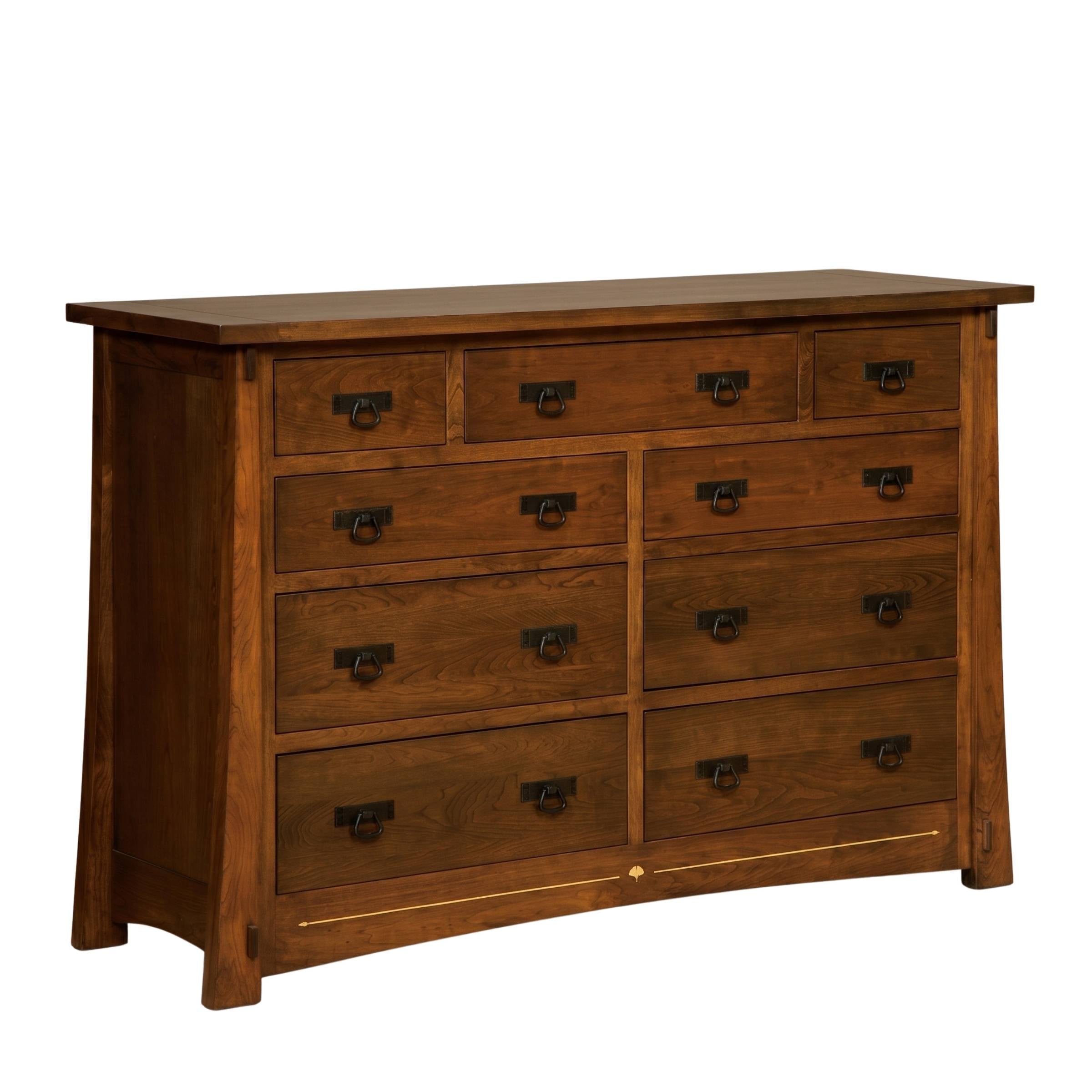 Ginkgo Inlay Mule Chest in dark brown hardwood with ten drawers and metal ring pulls.