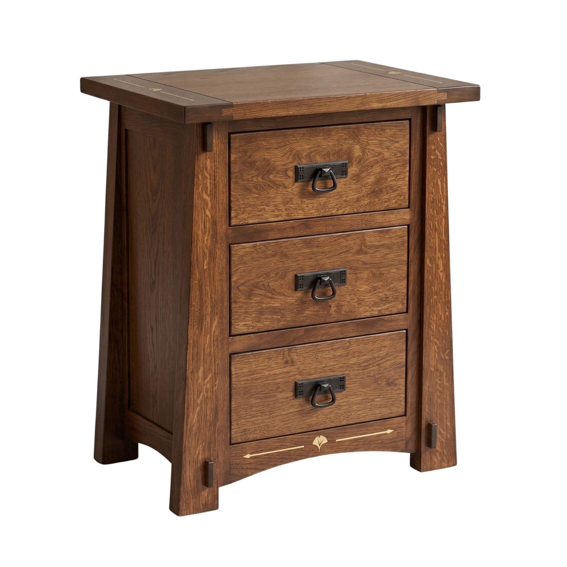 Ginkgo Inlay Nightstand in brown hardwood with three drawers and metal ring pulls.