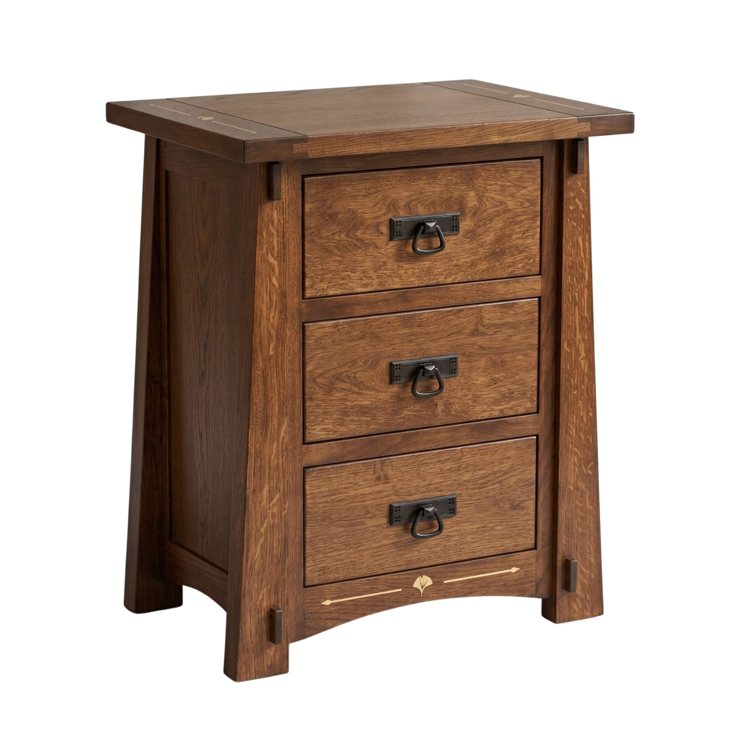 Ginkgo Inlay Nightstand in brown hardwood with three drawers and metal ring pulls.