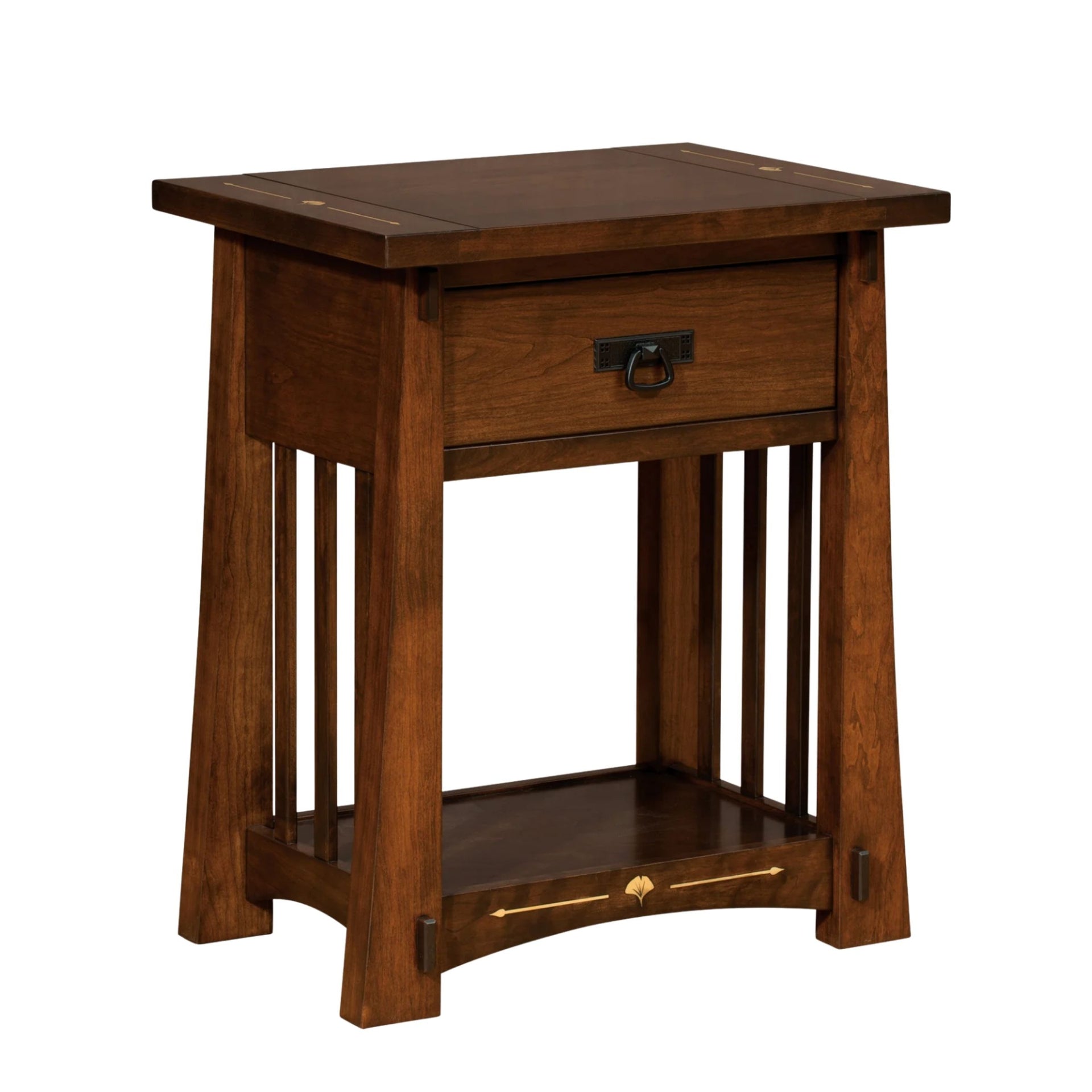 Amish-crafted dark wood nightstand with ginkgo inlay, single drawer, and open lower shelf.