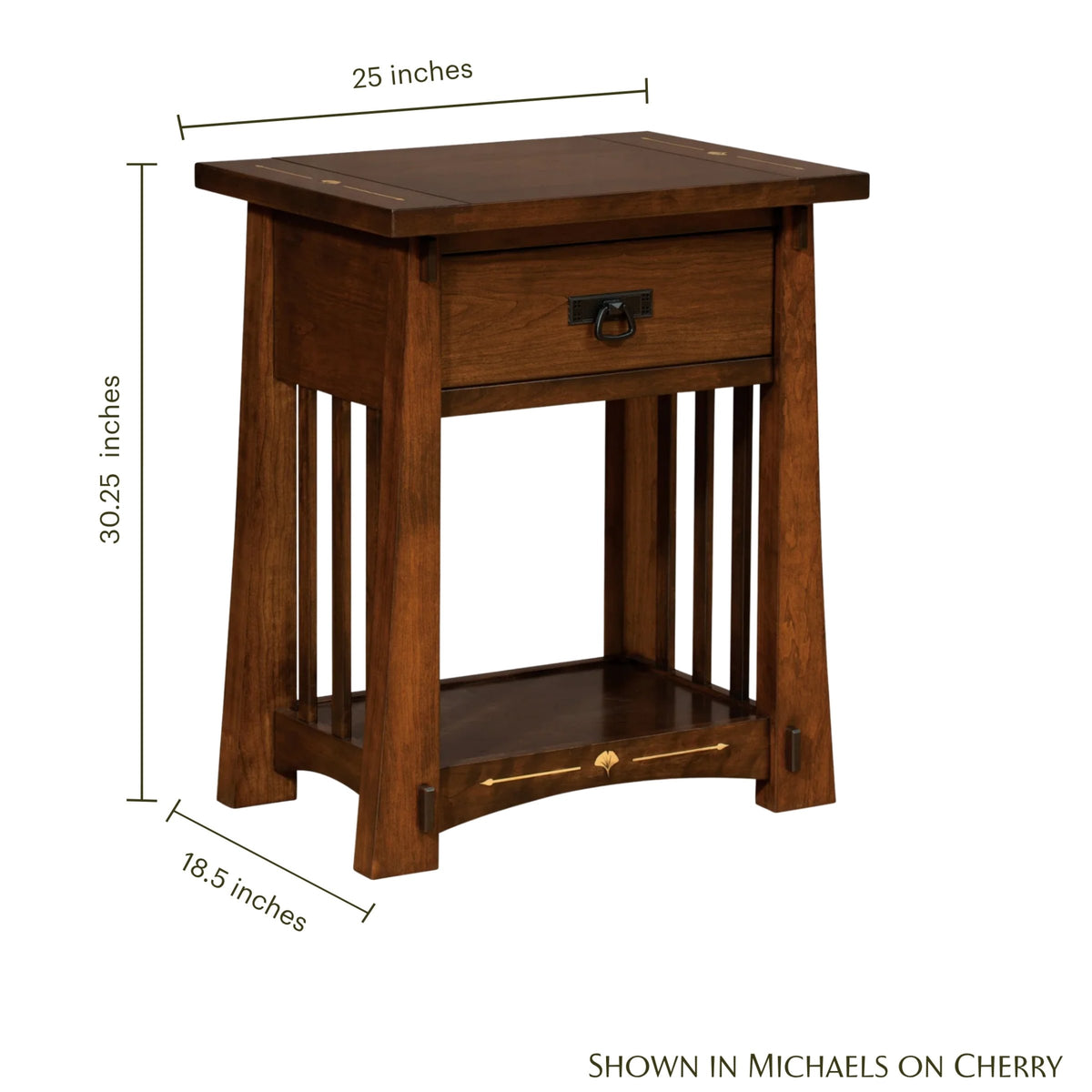 Amish cherry wood Ginkgo Inlay Nightstand with dimensions, drawer, and open shelf.
