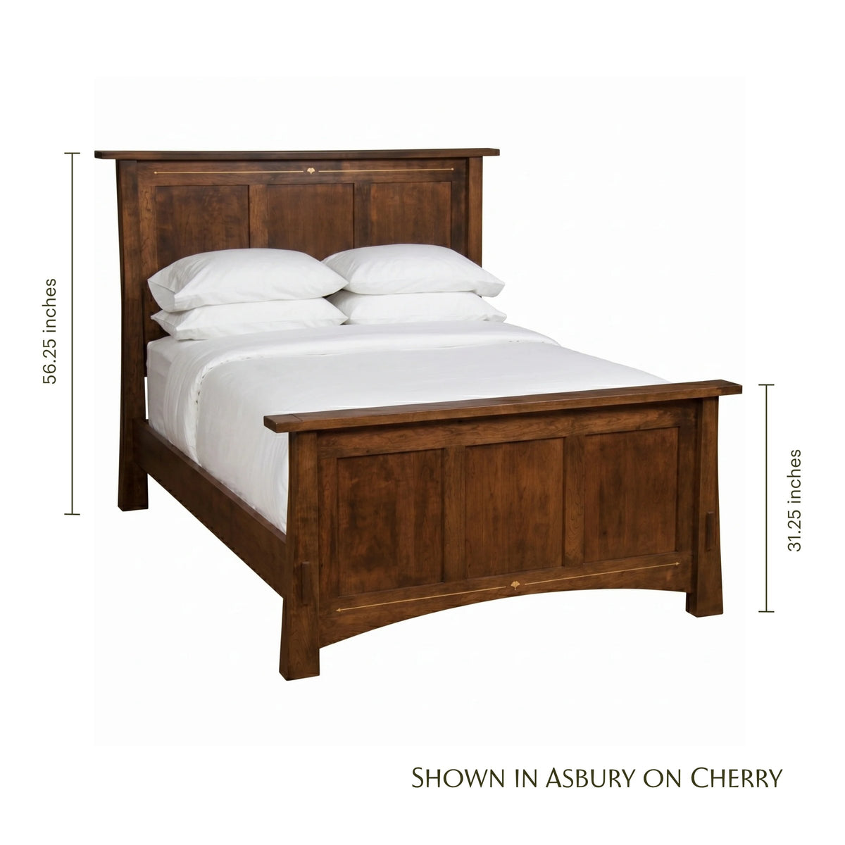 Ginkgo Inlay Panel Bed in Asbury on Cherry wood with white bedding and dimensions.