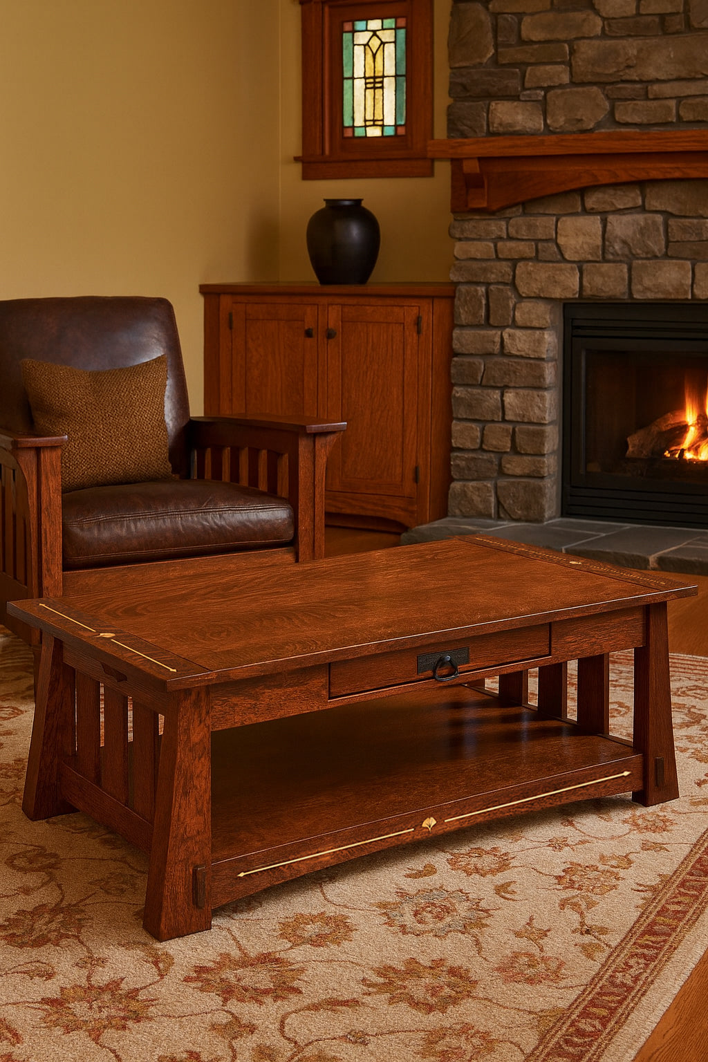 Ginkgo Inlay Coffee Table with Drawer
