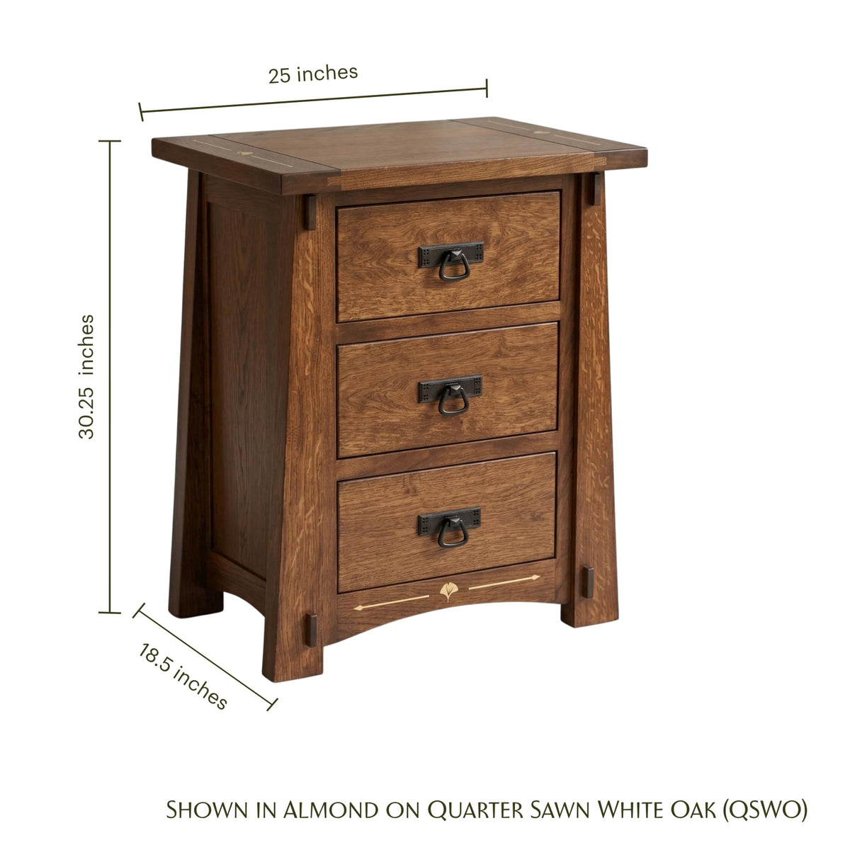 Ginkgo Inlay Nightstand in almond oak with three drawers and dimensions shown.