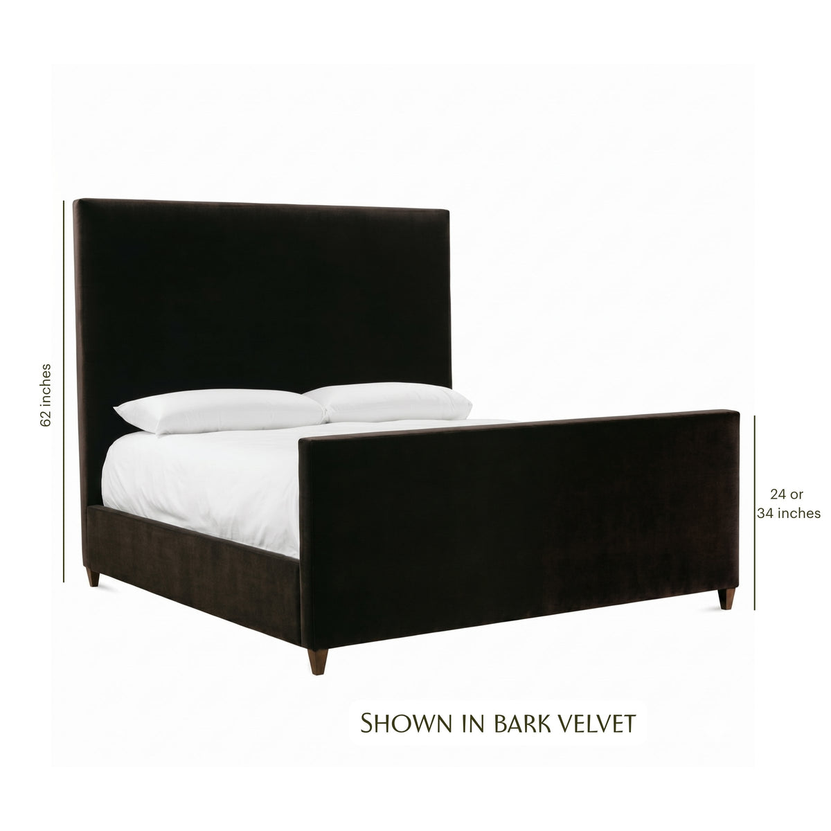 Glenwood Bed in dark brown bark velvet upholstery with dimensions shown