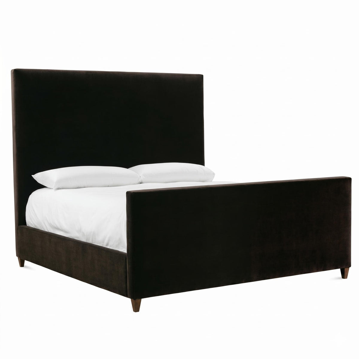 Glenwood Bed in dark brown velvet upholstery with high headboard and footboard