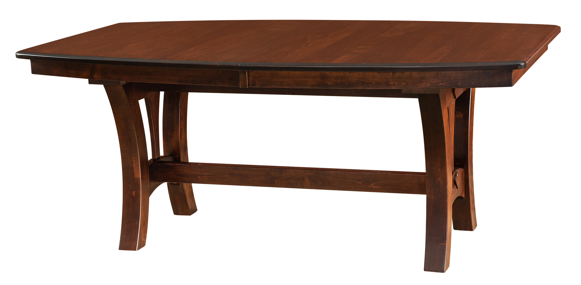 Grand Island solid wood trestle dining table in a rich bourbon finish with curved legs.