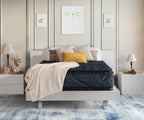 Indulgence double-sided navy blue pillow top mattress on a modern white bed frame