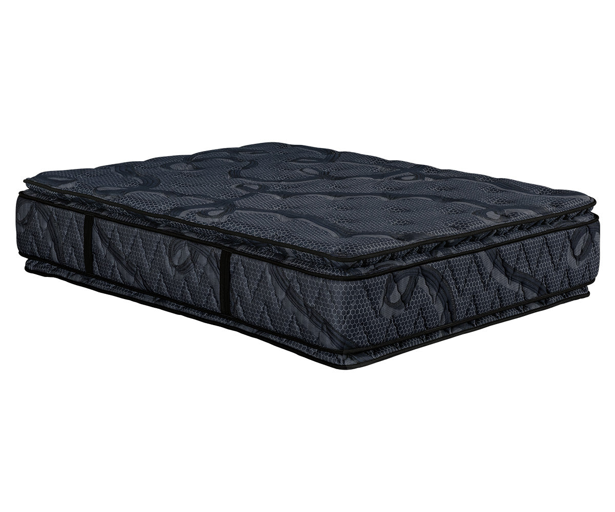Indulgence dark gray quilted double-sided pillow top mattress with black piping.