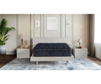 Opulence 13-inch dark blue Eurotop mattress on a modern white bed frame