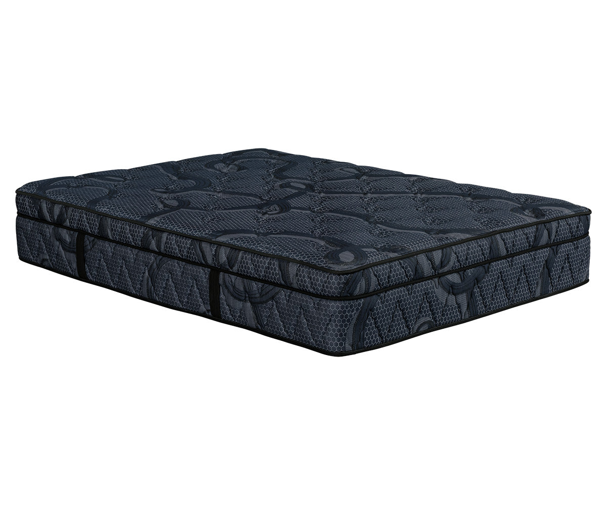 Opulence 13-inch Eurotop mattress in dark blue textured fabric with black piping.