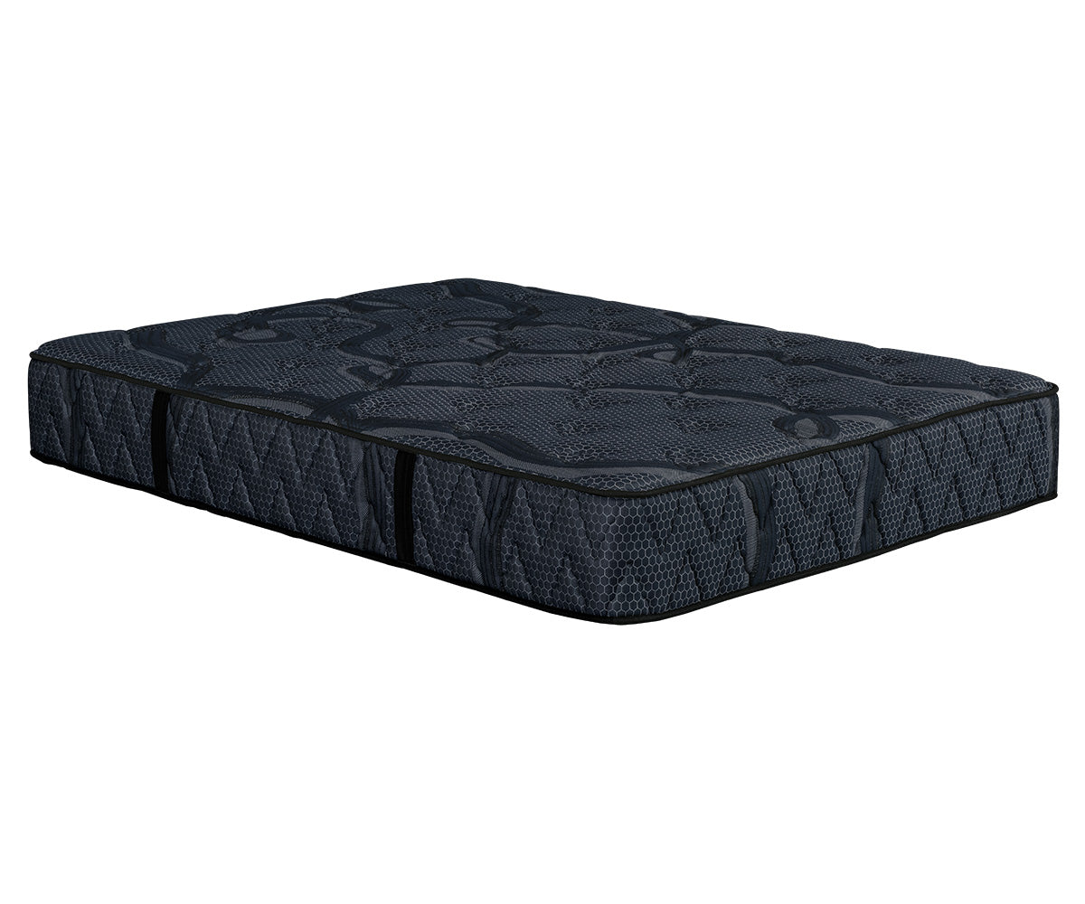 Siesta Mattress in dark grey with a quilted, textured pattern and black piping.