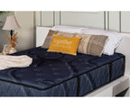 Splendor Mattress in dark blue quilted fabric with patterned details on a white bed frame.
