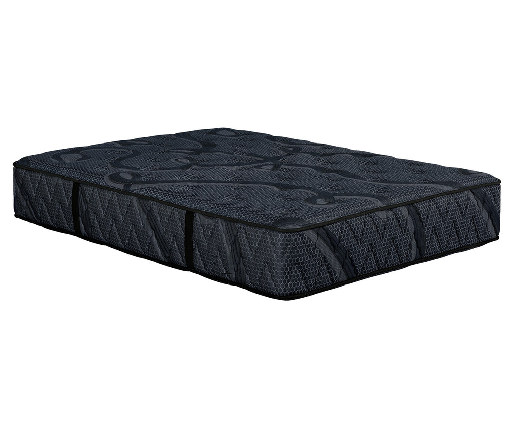Splendor 14-inch flippable mattress with dark grey quilted fabric and black piping.