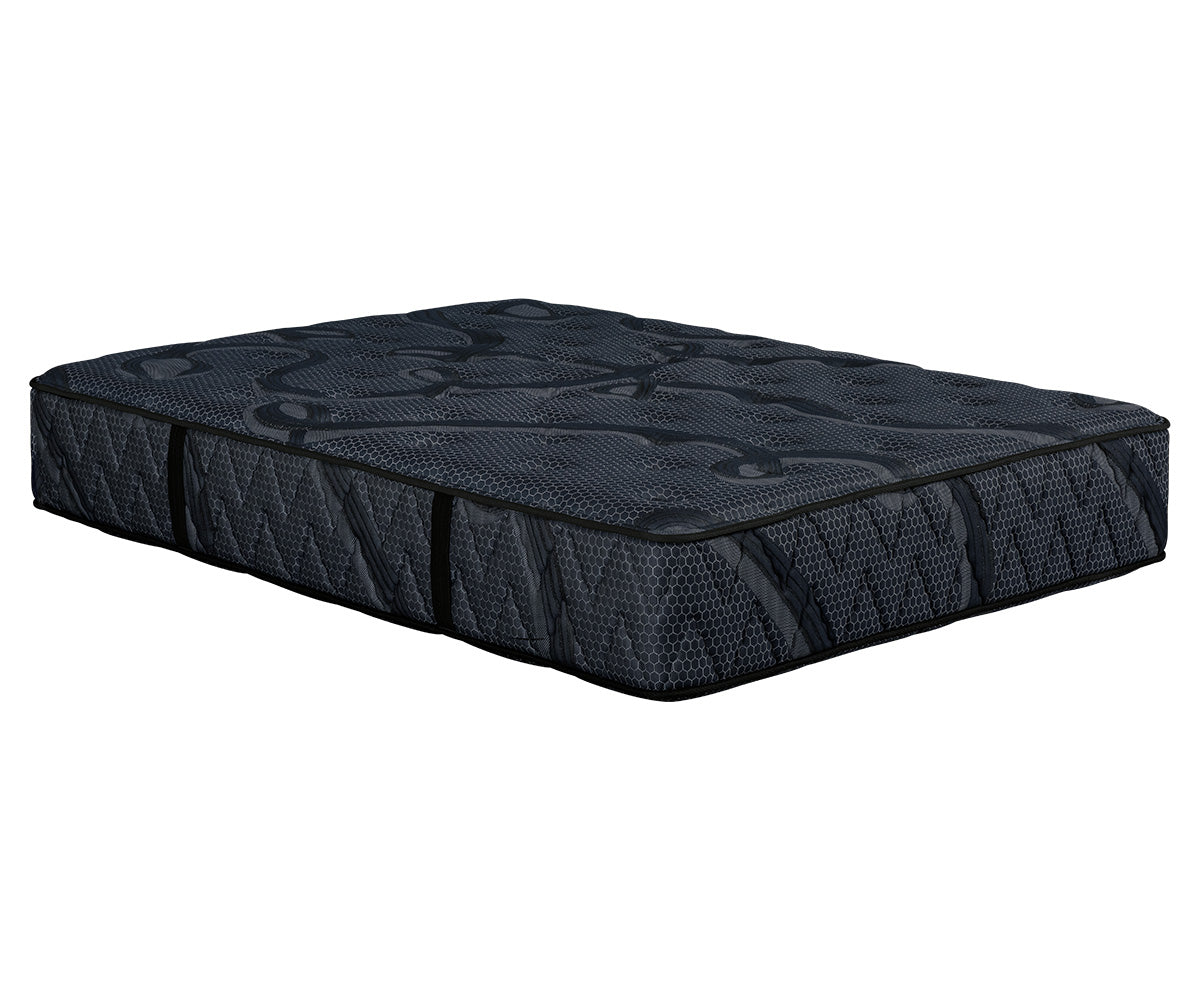 Splendor 14-inch flippable mattress with dark grey quilted fabric and black piping.