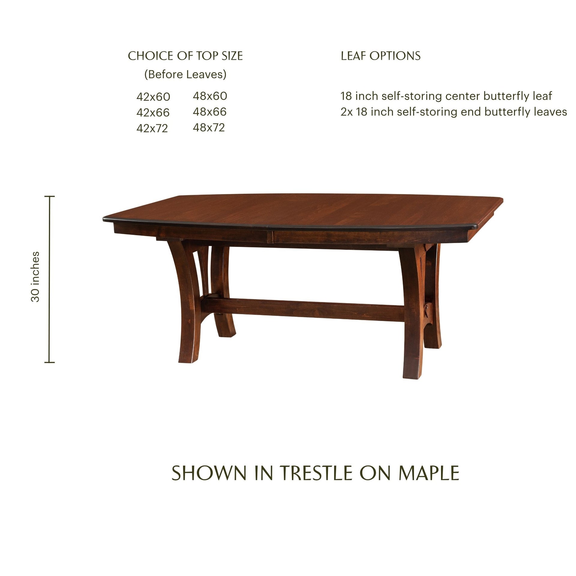 Grand Island wooden trestle table in maple with a rich brown finish.