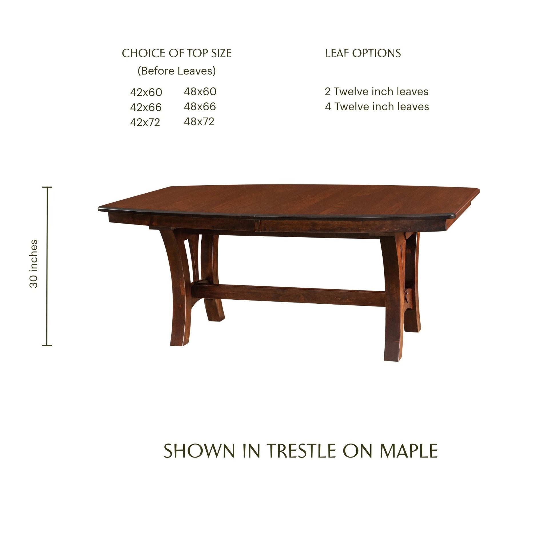 Grand Island wooden trestle table in maple with size and leaf options listed.