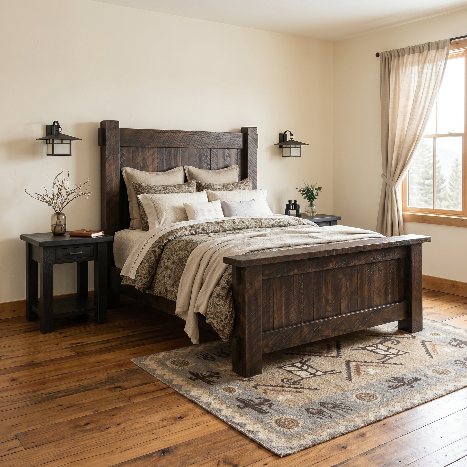 Rustic Mountain Roughsawn Panel Bed in dark brown wood with matching headboard and footboard.