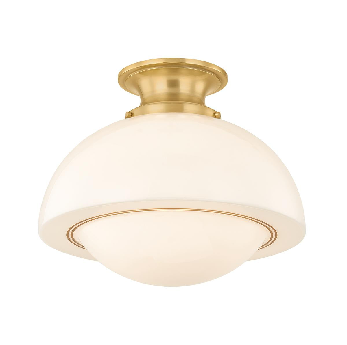 Celine semi-flush ceiling light with gold brass mount and domed opal glass shade.