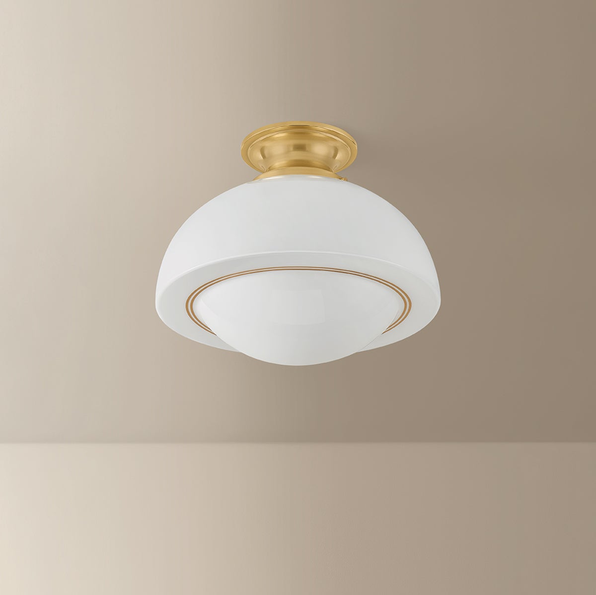 Celine semi-flush ceiling light with white opal glass shade and gold pinstripes.