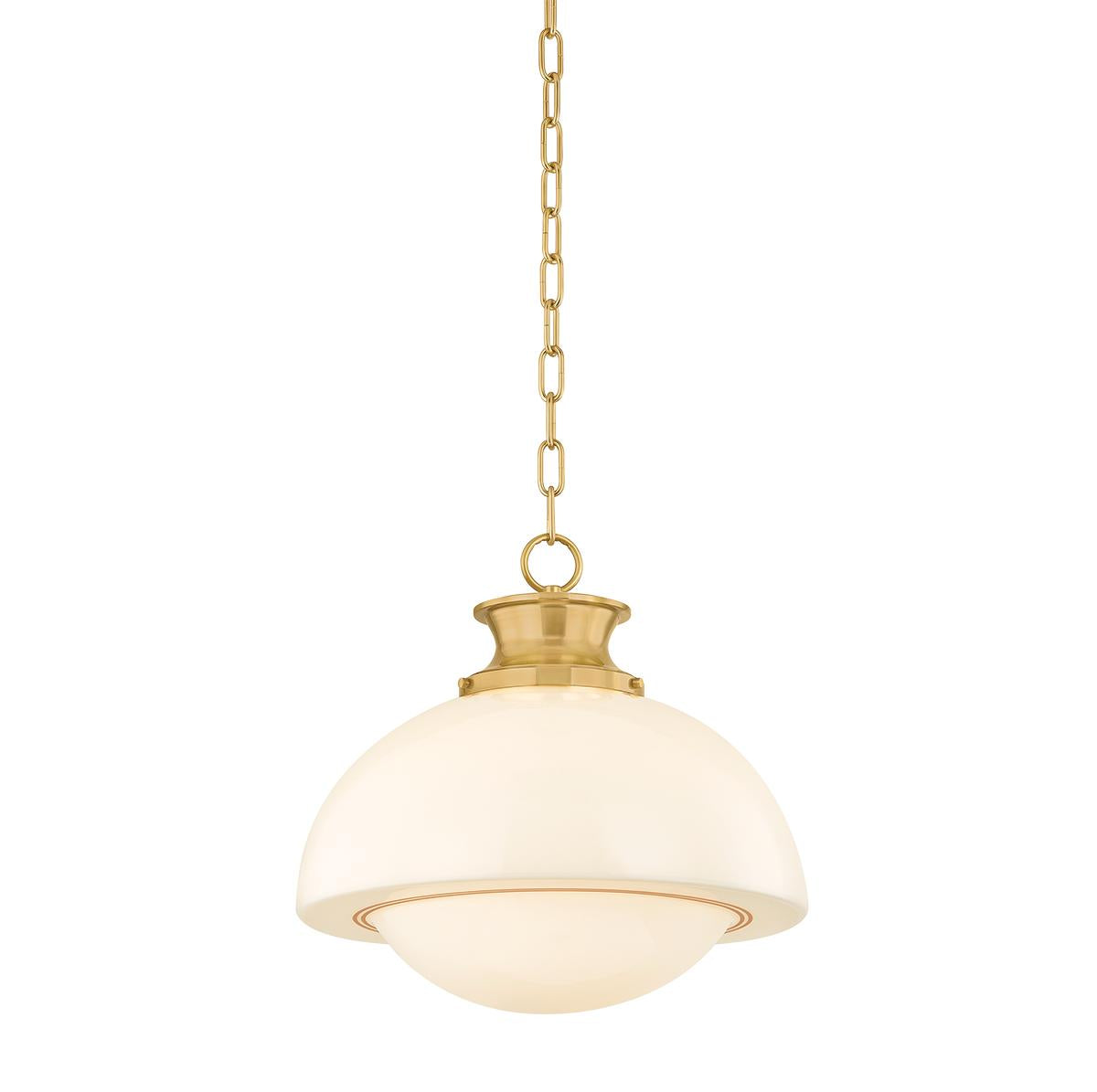 Celine mid-century pendant light with a domed opal glass shade, gold pinstripes, and a brass chain.