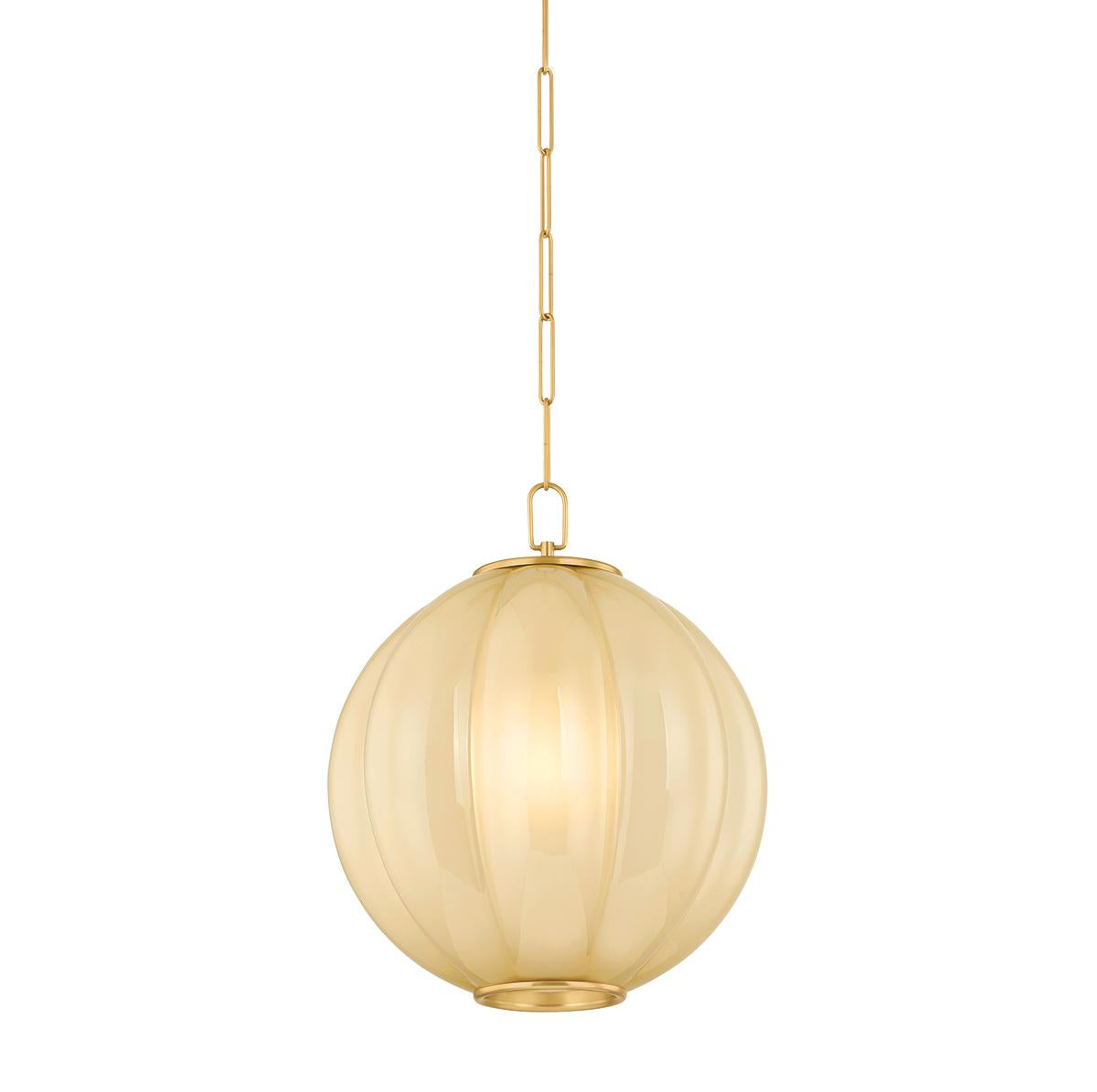Bernadine pendant light with scalloped cream glass shade and aged brass chain hardware.