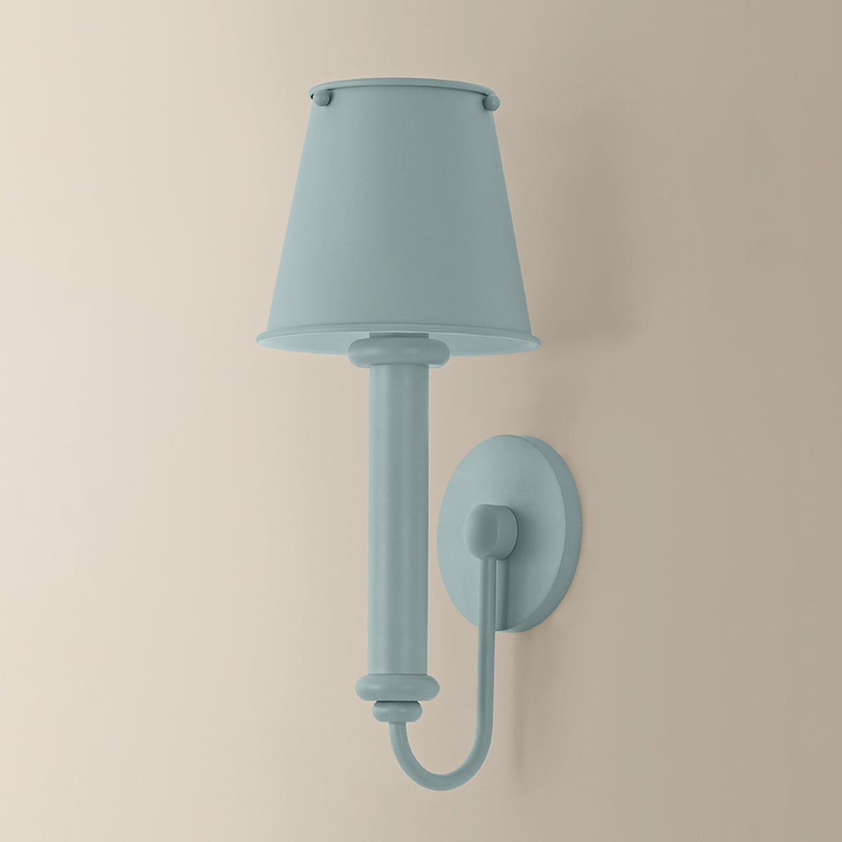 Yara wall sconce in dusk blue metal with a matching tapered shade.