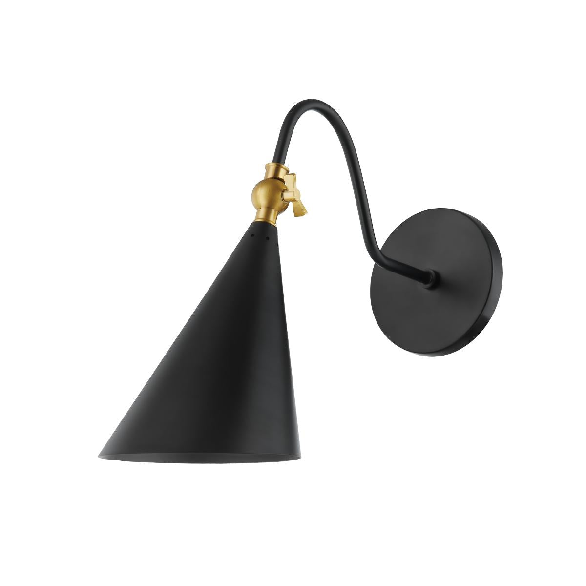 Lupe wall sconce in matte black and aged brass with a cone shade and swivel key.