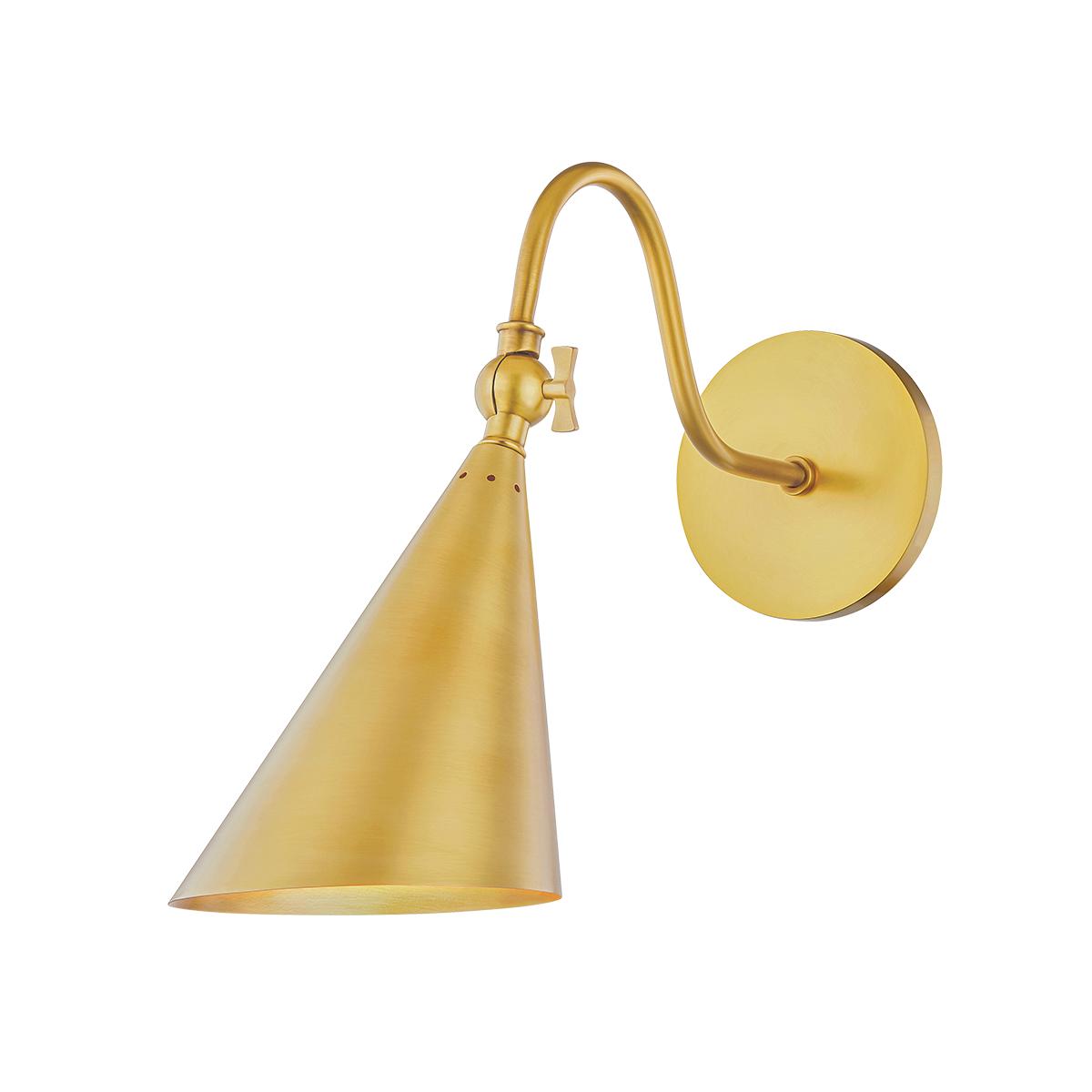 Lupe aged brass wall sconce with a gooseneck arm, swivel key, and cone shade.