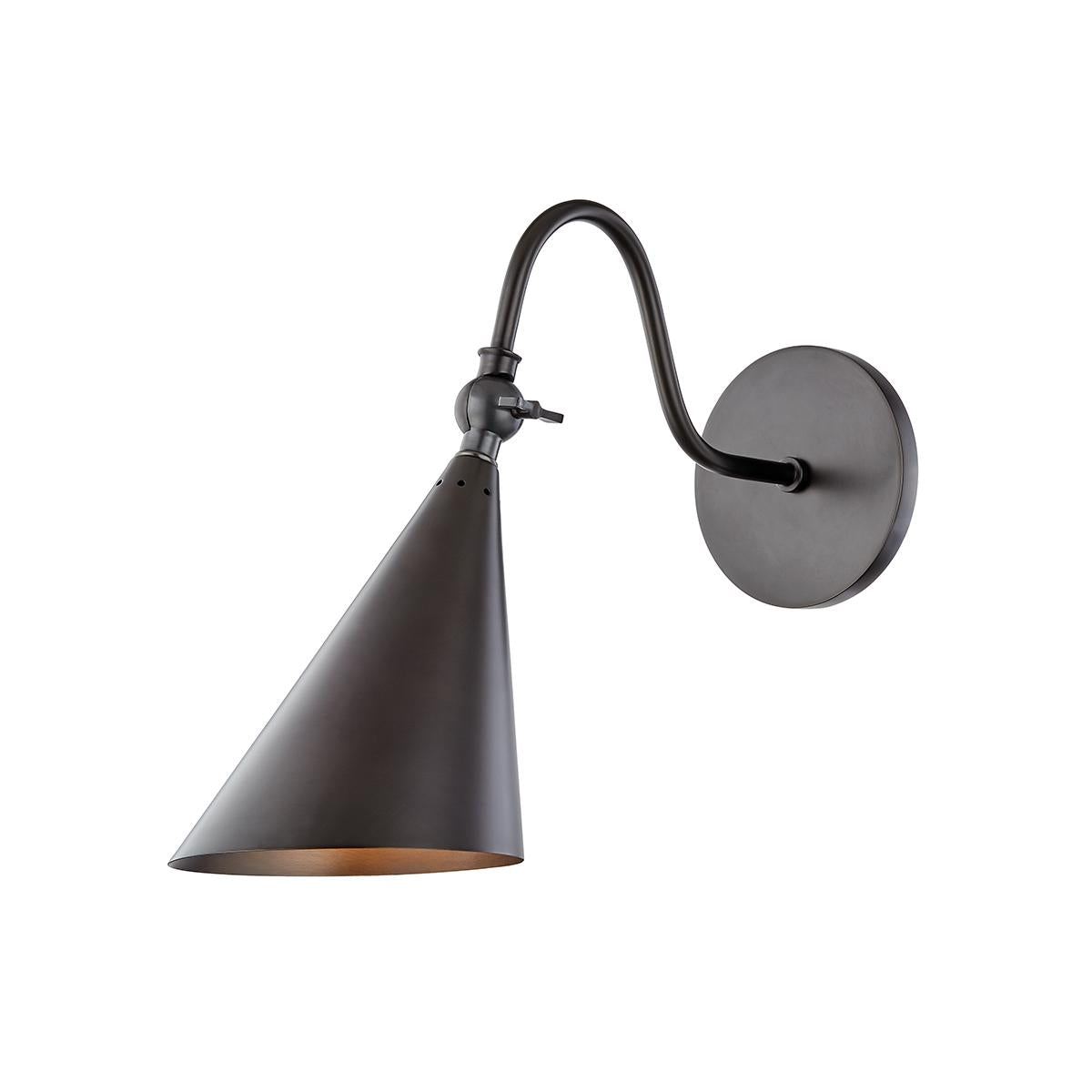 Lupe wall sconce in Old Bronze with a gooseneck arm and adjustable cone shade.