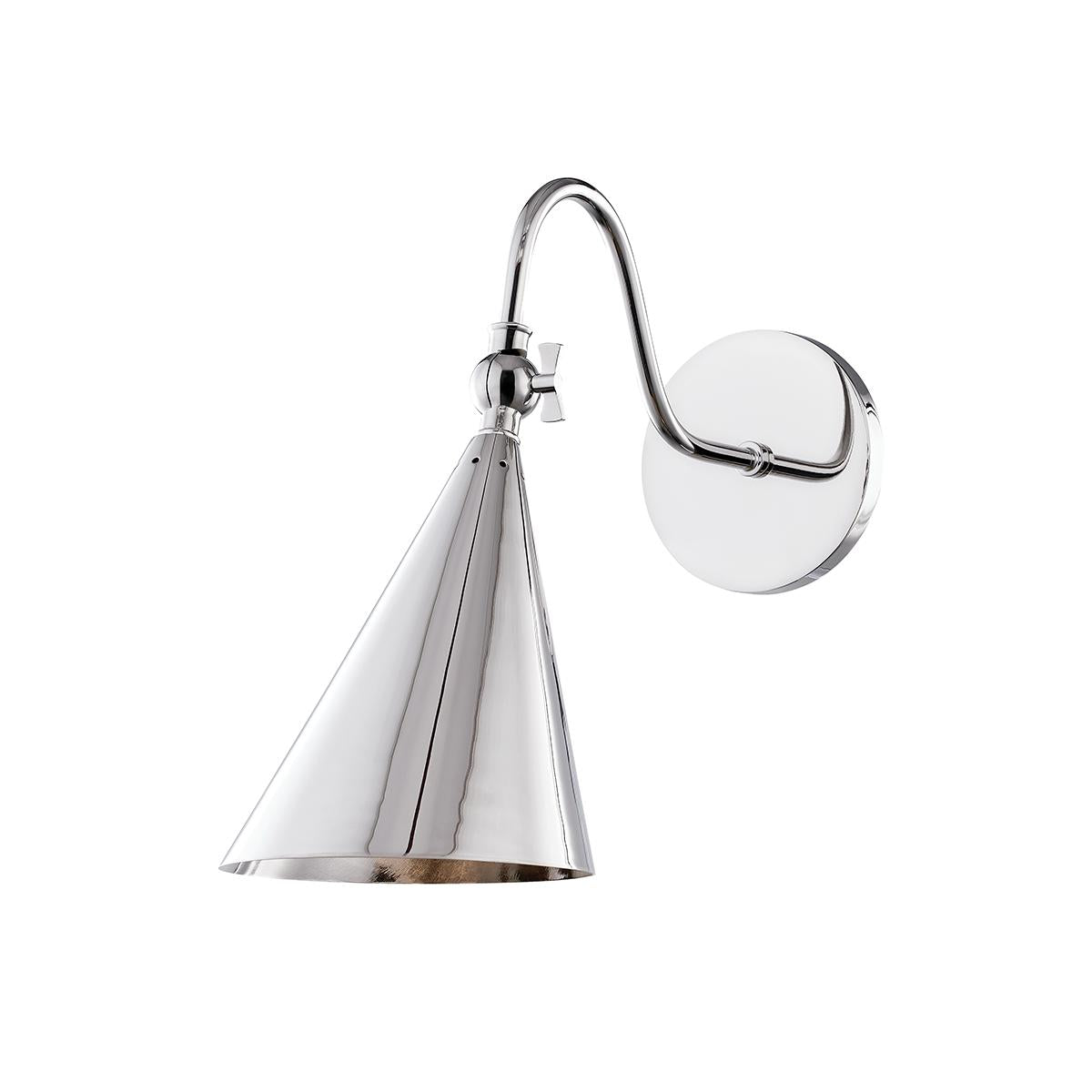 Lupe polished nickel wall sconce with a gooseneck arm, swivel key, and cone shade.