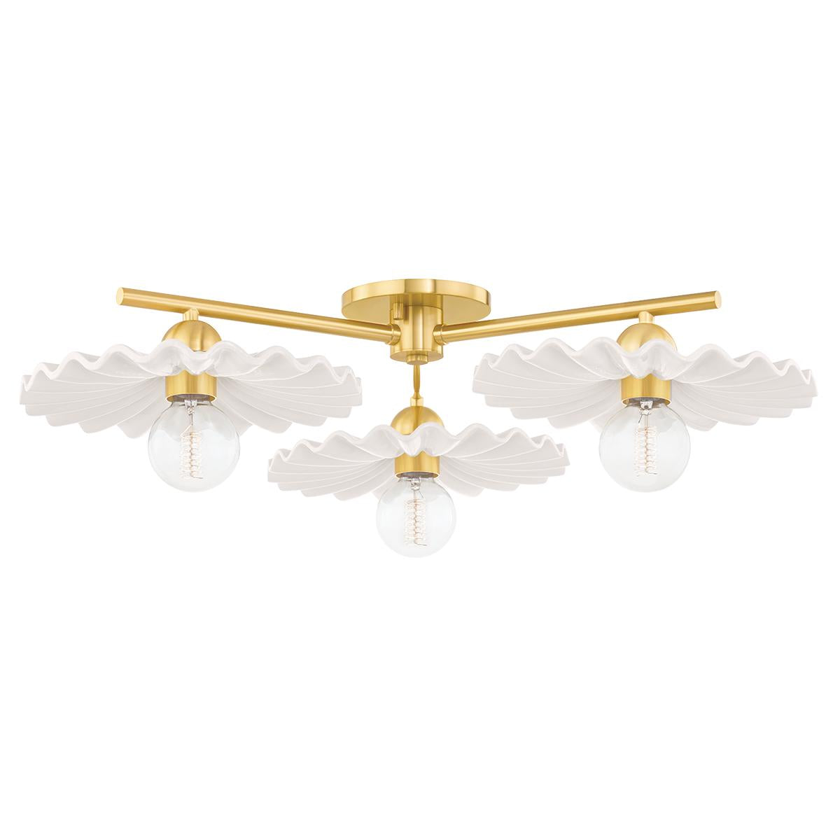 Tinsley semi-flush ceiling light with aged brass arms and three ruffled white ceramic shades.