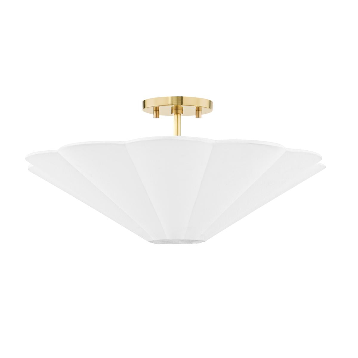 Alana semi-flush ceiling light with a scalloped white linen shade and aged brass canopy.